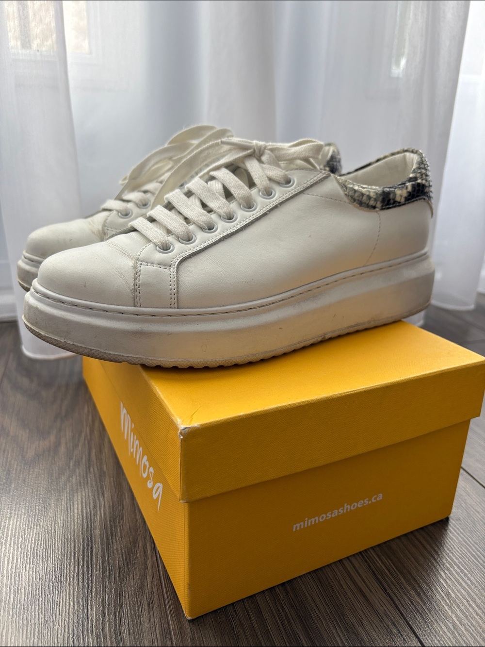 Mimosa White Platform Sneakers with Snakeskin Heel Accent